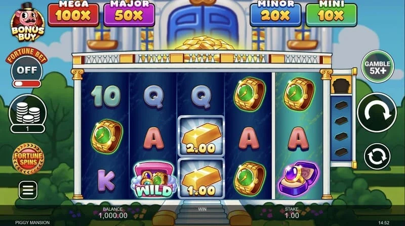 Piggy Mansion – Spielbildschirm mit 5x3-Raster und Geldsymbolen